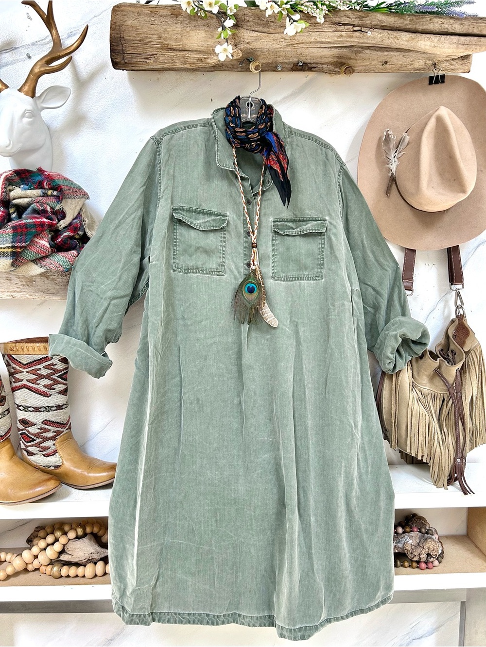 Rustic Sage Green boho Shirt Dress w cottagecore farmhouse southwestern vibe